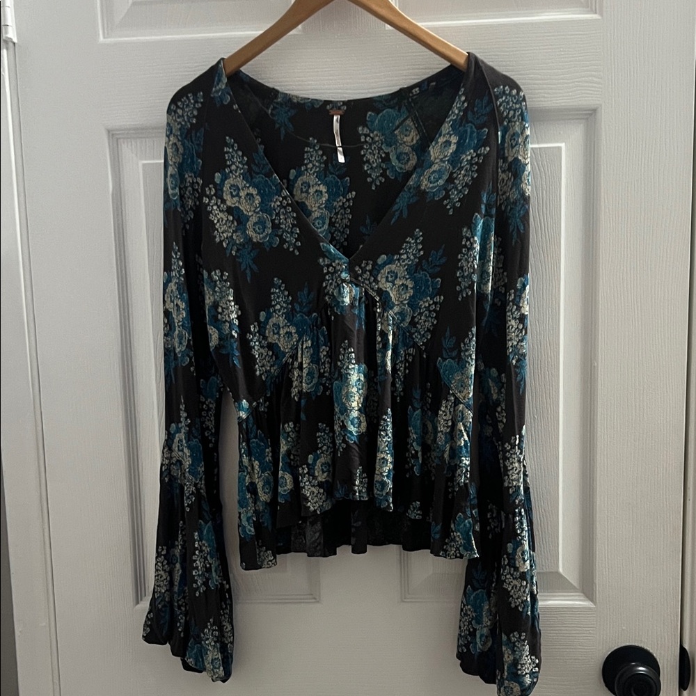 Free People Black and Blue Floral Blouse